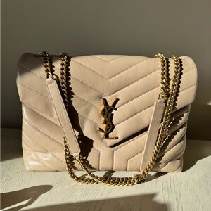 Yves Saint Laurent Taupe Quilted Shoulder Bag with Gold Chains